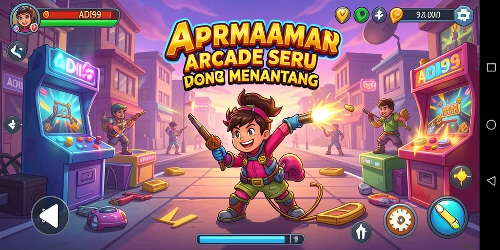 Tangkapan layar utama ADI99 menampilkan grafik gameplay arcade yang penuh warna.