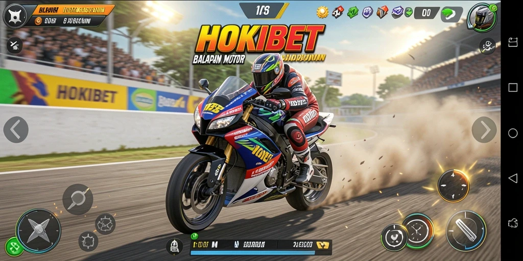 Tampilan gameplay HOKIBET saat balapan motor di lintasan.