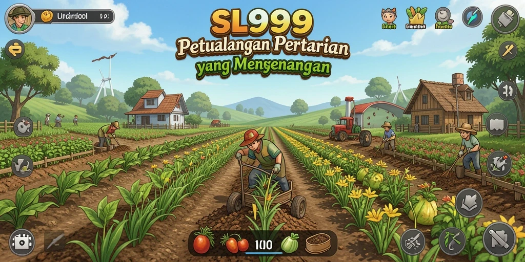 Screenshot gameplay SL999 menunjukkan ladang yang subur dan hewan ternak yang sehat.