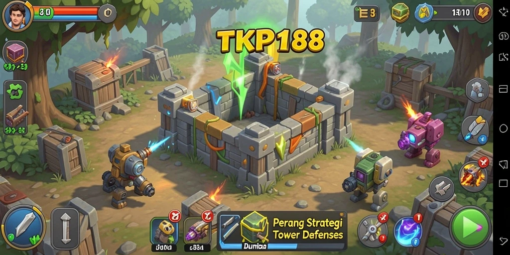 Tangkapan layar gameplay TKP188 menampilkan pertarungan menegangkan dengan tower yang kuat.