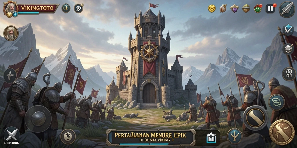 Screenshot gameplay VIKINGTOTO menampilkan menara dan musuh yang beragam.