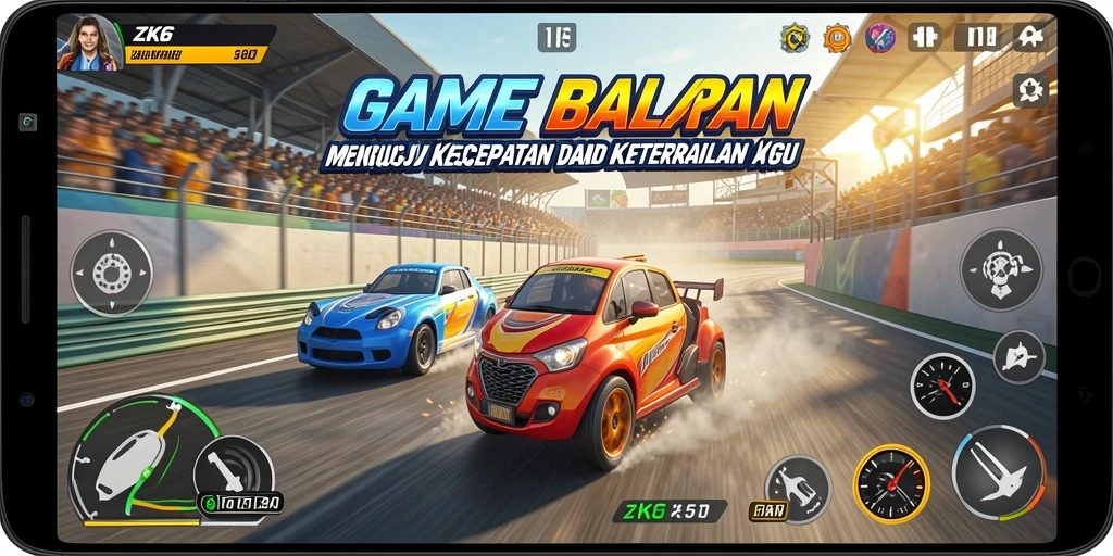 Tampilan gameplay ZK6 yang menampilkan balapan mendebarkan di lintasan yang menantang.