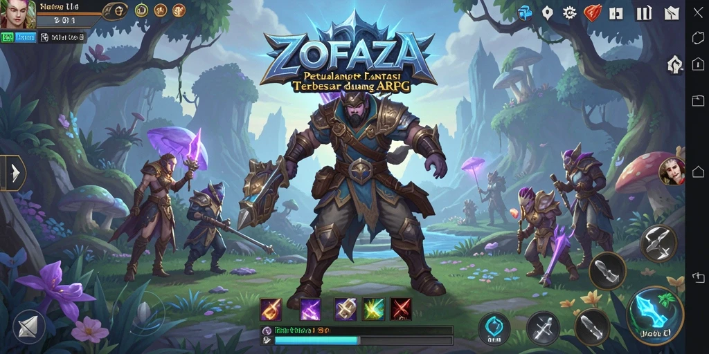 Screenshot utama ZOFAZA menampilkan pertarungan epik dalam dunia fantasi.